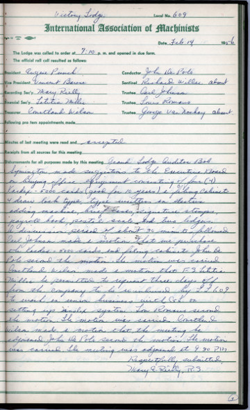 Local 609 charter, February 14 1956 minutes of early union meeting