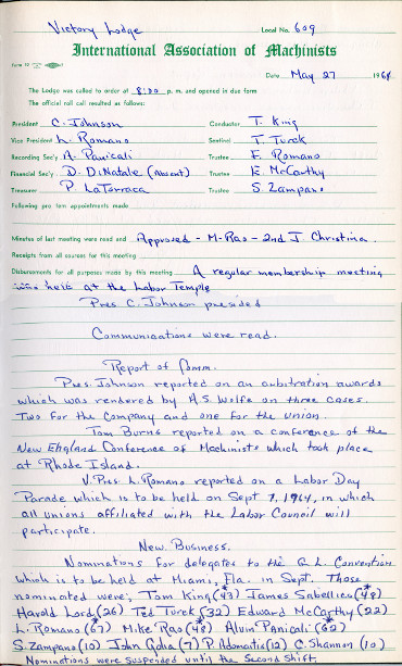 Victory Lodge Local 609, International Association of Machinists- Meeting Minutes (May 27, 1964)