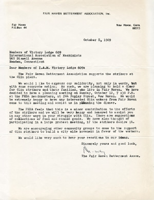 Letter in support of the strikers from the Fair Haven Betterment Associateion, inc.