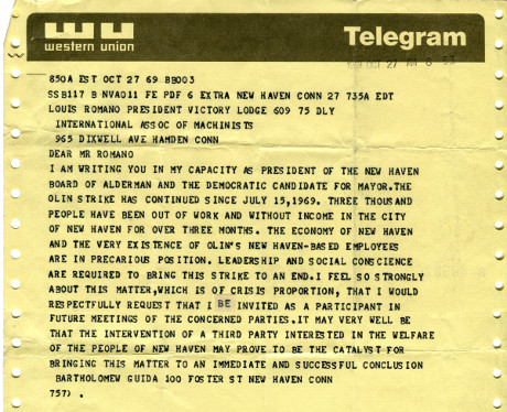 Telegram to Louis Ramano, President of Victory Lodge 609 from President of the New Haven Board of Alderman