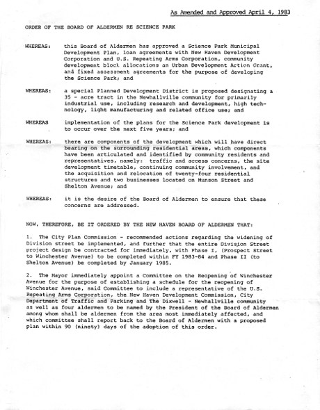 Order of the Board of Alderman RE Science Park