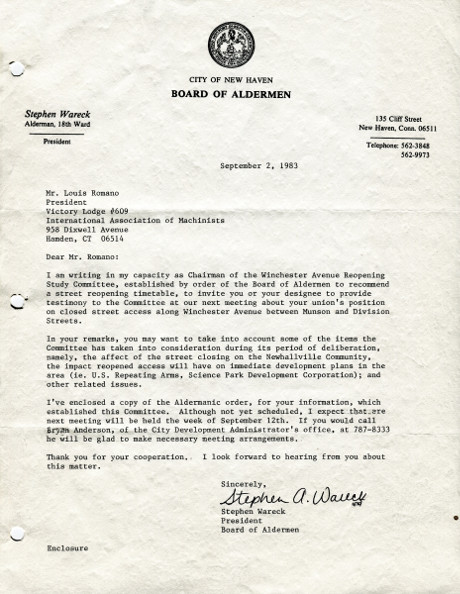 City of New Haven Board of Alder- Stephen Week- letter to Louis Romano President of Victory Lodge 609